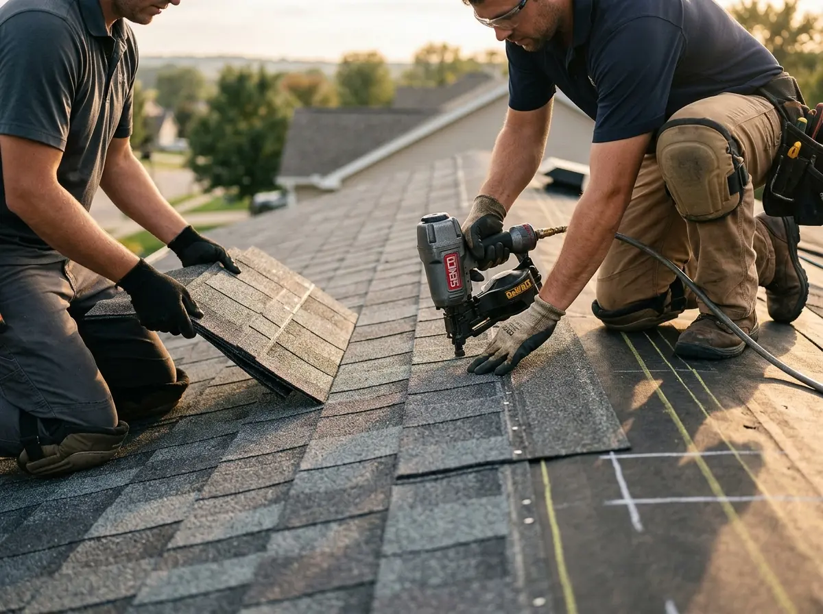 Professional roofer working on a residential roof in Lathrop
